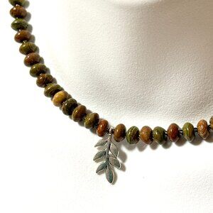 Genuine Earthy Polychrome Jasper Silver Leaf Branch Beaded Short Necklace